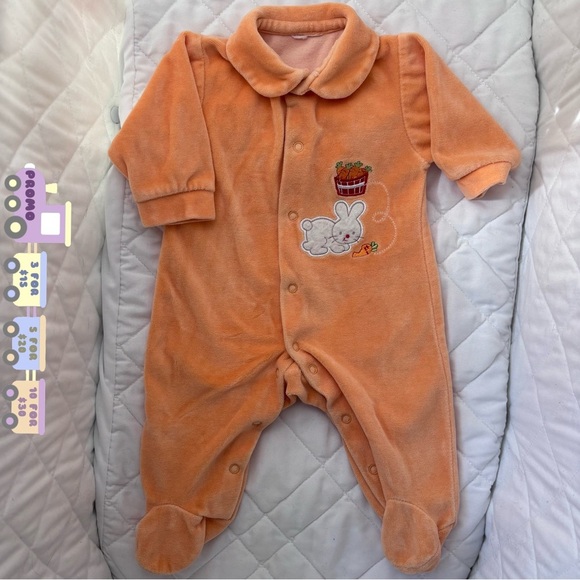 🐣 3M Orange Velour Onesie Footies Bunny Embroidery Easter Long sleeves Carrot - Picture 1 of 10